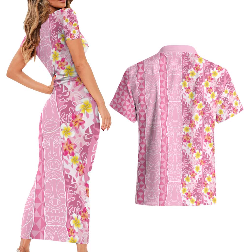 Pastel Magenta Aloha Hawaii Tiki Couples Matching Short Sleeve Bodycon Dress and Hawaiian Shirt Tropical Plumeria - Seamless Style LT14 - Polynesian Pride