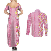 Pastel Magenta Aloha Hawaii Tiki Couples Matching Summer Maxi Dress and Long Sleeve Button Shirt Tropical Plumeria - Seamless Style
