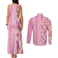 Pastel Magenta Aloha Hawaii Tiki Couples Matching Tank Maxi Dress and Long Sleeve Button Shirt Tropical Plumeria - Seamless Style
