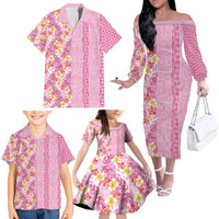 Pastel Magenta Aloha Hawaii Tiki Family Matching Off The Shoulder Long Sleeve Dress and Hawaiian Shirt Tropical Plumeria - Seamless Style LT14 - Polynesian Pride