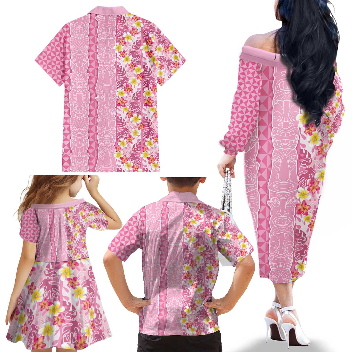Pastel Magenta Aloha Hawaii Tiki Family Matching Off The Shoulder Long Sleeve Dress and Hawaiian Shirt Tropical Plumeria - Seamless Style LT14 - Polynesian Pride