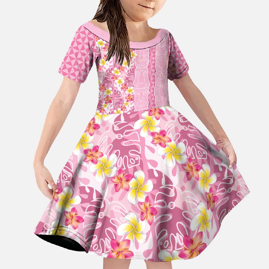Pastel Magenta Aloha Hawaii Tiki Family Matching Off Shoulder Maxi Dress and Hawaiian Shirt Tropical Plumeria - Seamless Style LT14 Daughter's Dress Magenta - Polynesian Pride