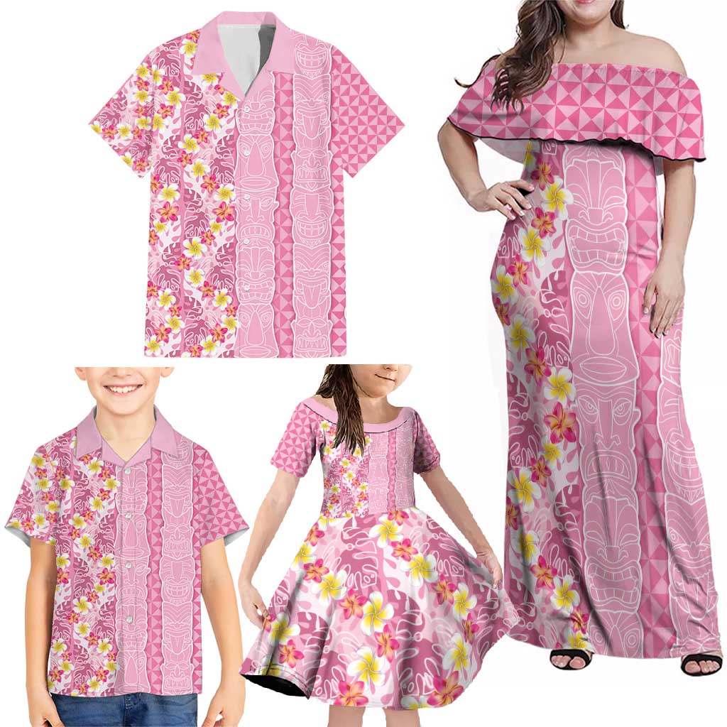 Pastel Magenta Aloha Hawaii Tiki Family Matching Off Shoulder Maxi Dress and Hawaiian Shirt Tropical Plumeria - Seamless Style LT14 - Polynesian Pride