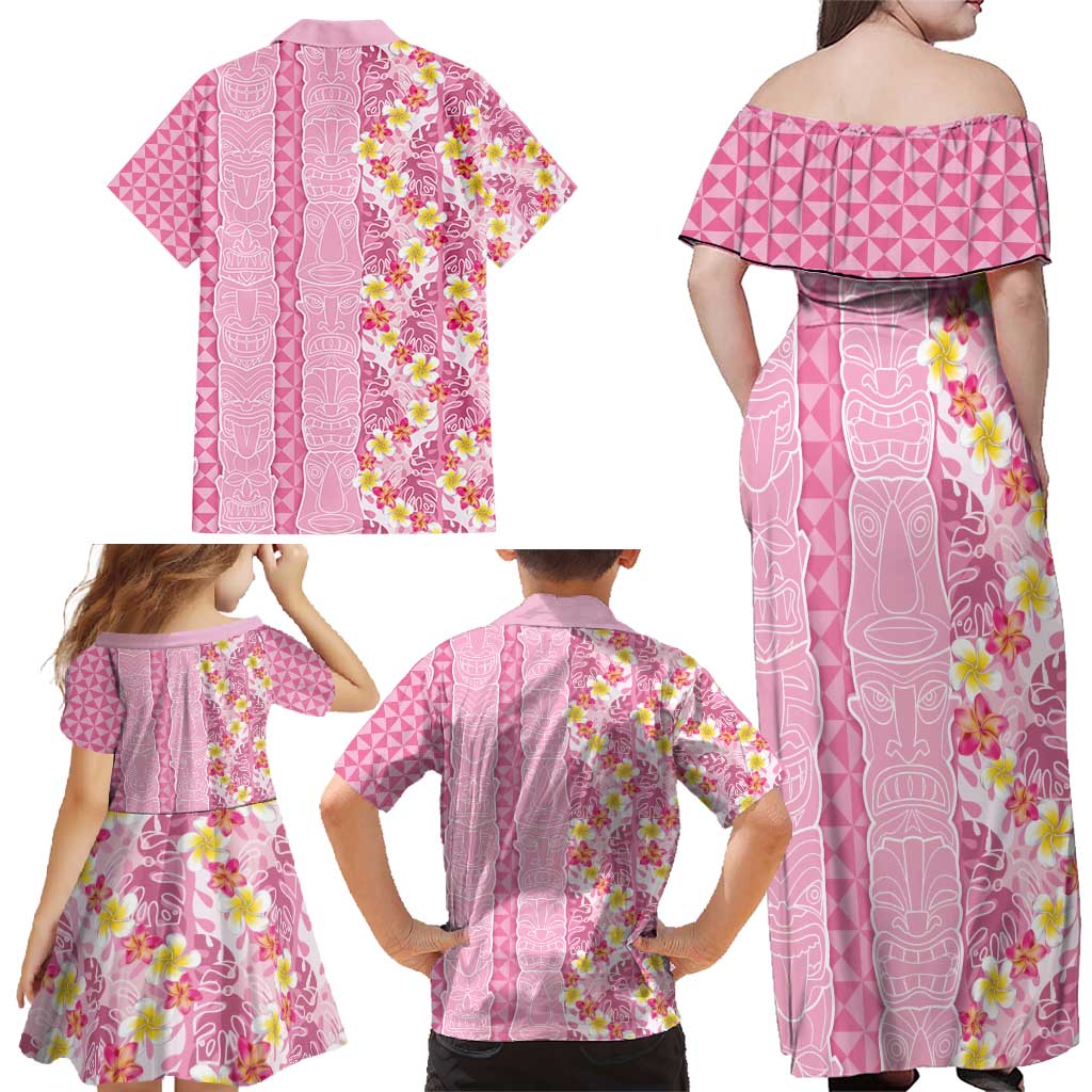 Pastel Magenta Aloha Hawaii Tiki Family Matching Off Shoulder Maxi Dress and Hawaiian Shirt Tropical Plumeria - Seamless Style LT14 - Polynesian Pride