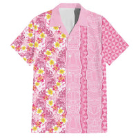 Pastel Magenta Aloha Hawaii Tiki Family Matching Off Shoulder Maxi Dress and Hawaiian Shirt Tropical Plumeria - Seamless Style LT14 Dad's Shirt - Short Sleeve Magenta - Polynesian Pride