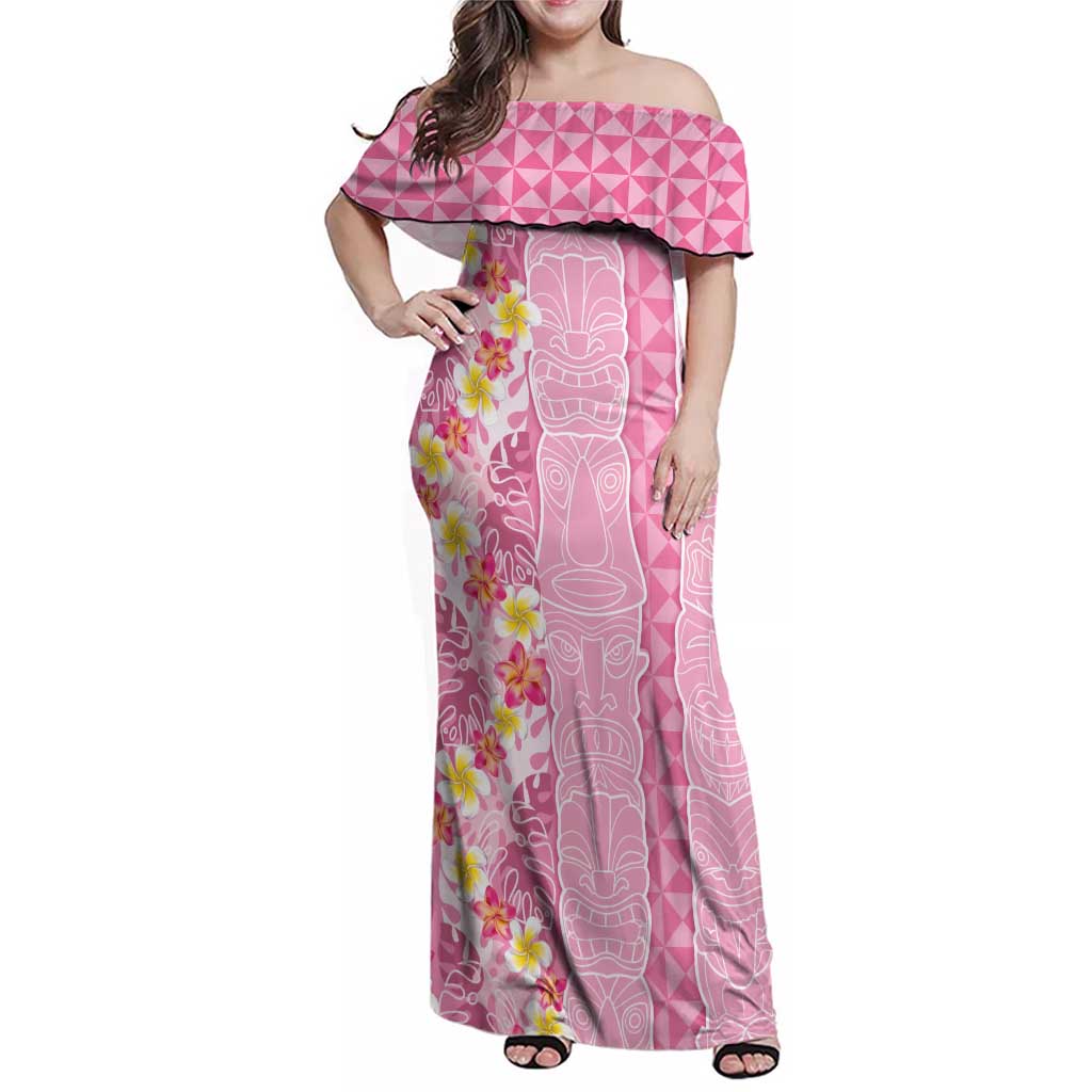 Pastel Magenta Aloha Hawaii Tiki Family Matching Off Shoulder Maxi Dress and Hawaiian Shirt Tropical Plumeria - Seamless Style LT14 Mom's Dress Magenta - Polynesian Pride