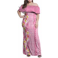 Pastel Magenta Aloha Hawaii Tiki Family Matching Off Shoulder Maxi Dress and Hawaiian Shirt Tropical Plumeria - Seamless Style LT14 Mom's Dress Magenta - Polynesian Pride