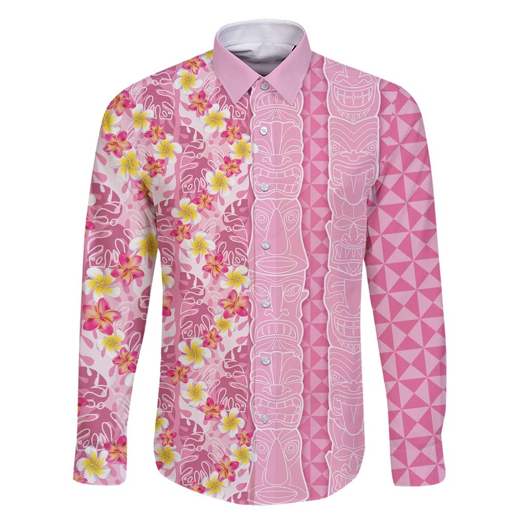 Pastel Magenta Aloha Hawaii Tiki Family Matching Puletasi and Hawaiian Shirt Tropical Plumeria - Seamless Style LT14 Dad's Shirt - Long Sleeve Magenta - Polynesian Pride