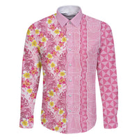 Pastel Magenta Aloha Hawaii Tiki Family Matching Puletasi and Hawaiian Shirt Tropical Plumeria - Seamless Style LT14 Dad's Shirt - Long Sleeve Magenta - Polynesian Pride