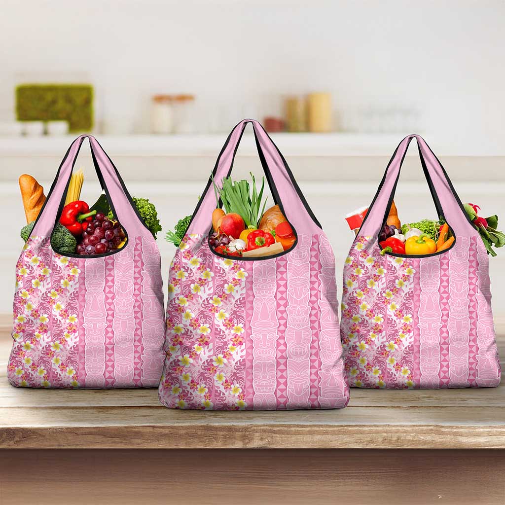 Pastel Magenta Aloha Hawaii Tiki Grocery Bag Tropical Plumeria - Seamless Style