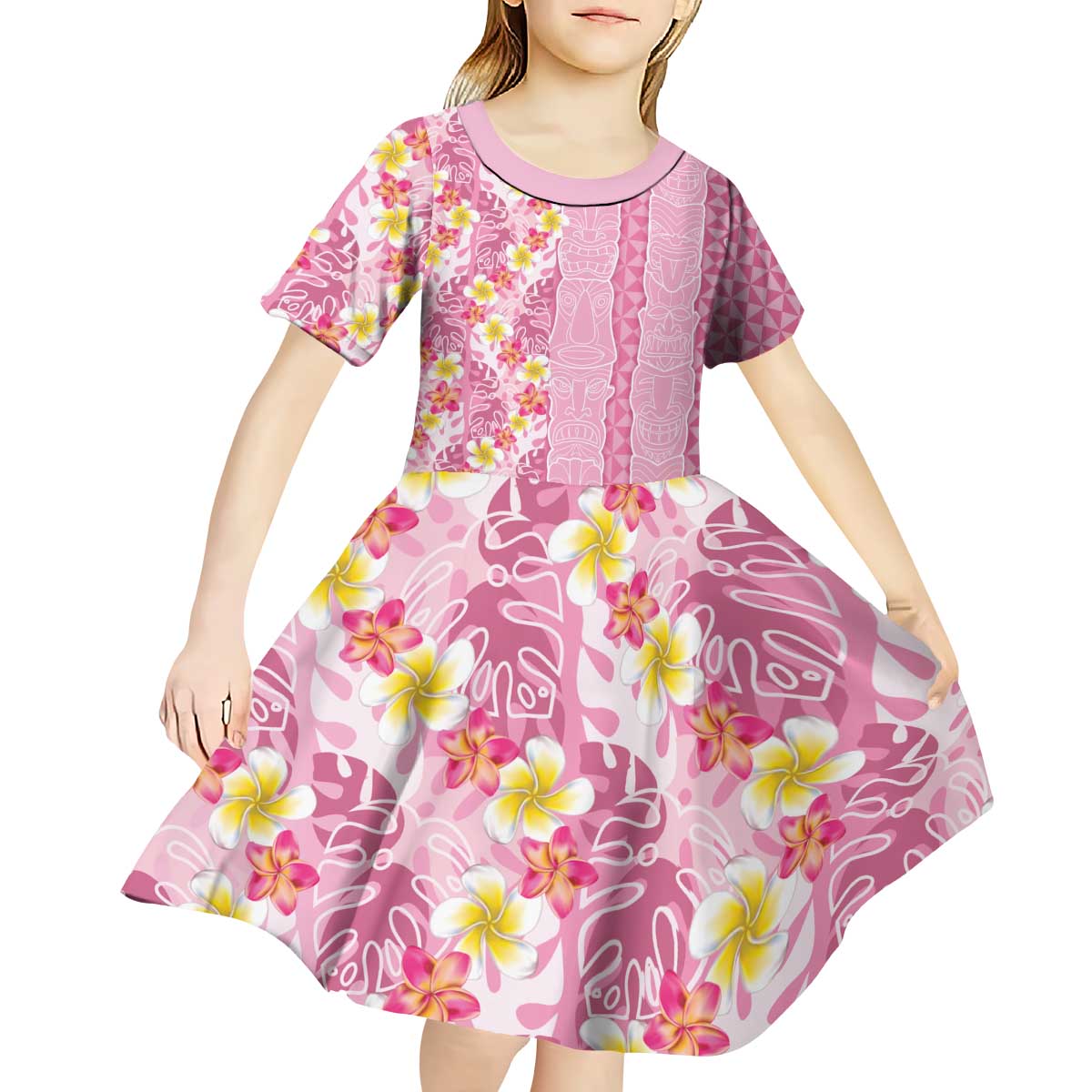 Pastel Magenta Aloha Hawaii Tiki Kid Short Sleeve Dress Tropical Plumeria - Seamless Style LT14 - Polynesian Pride