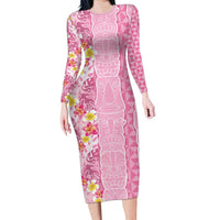Pastel Magenta Aloha Hawaii Tiki Long Sleeve Bodycon Dress Tropical Plumeria - Seamless Style LT14 Long Dress Magenta - Polynesian Pride