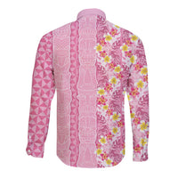 Pastel Magenta Aloha Hawaii Tiki Long Sleeve Button Shirt Tropical Plumeria - Seamless Style