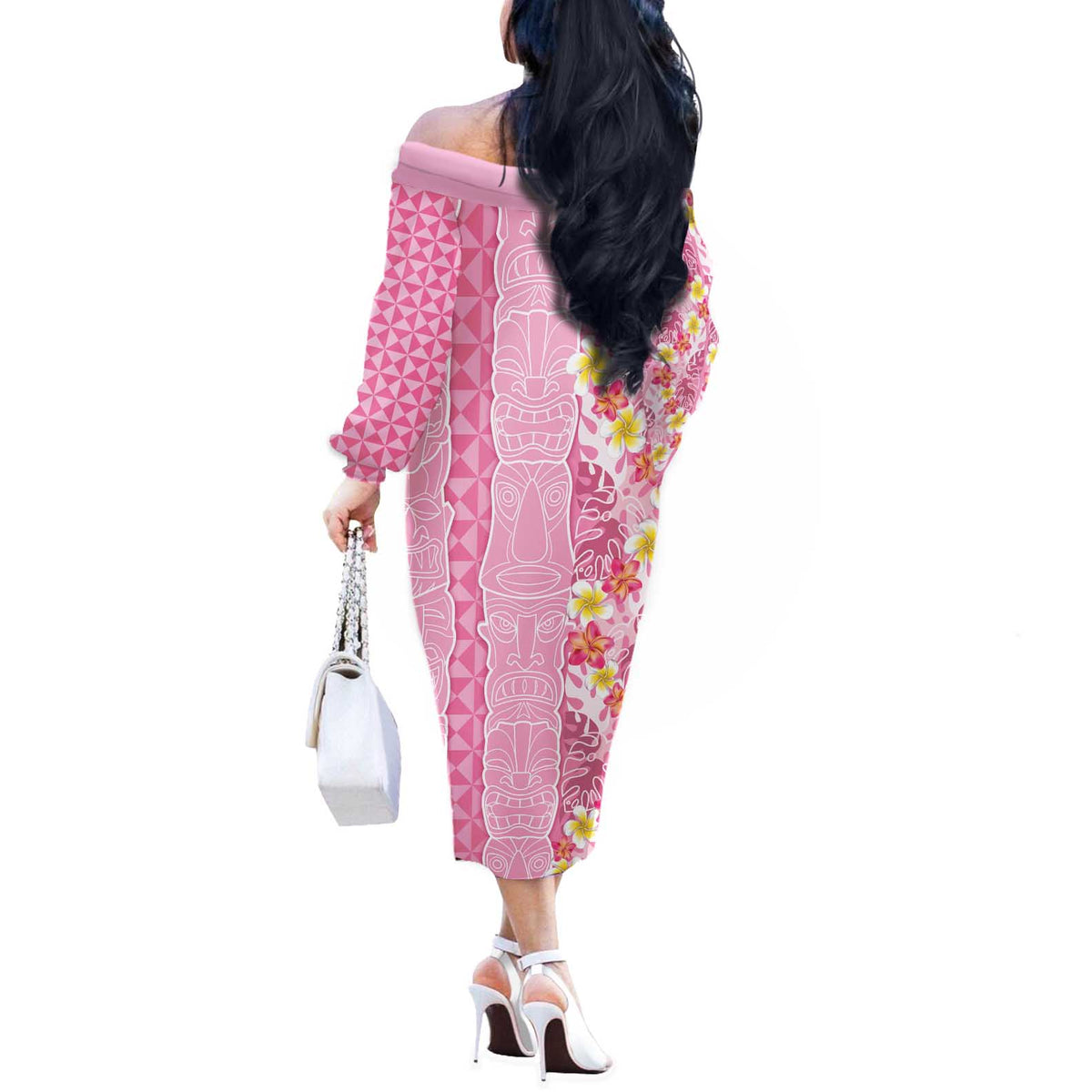 Pastel Magenta Aloha Hawaii Tiki Off The Shoulder Long Sleeve Dress Tropical Plumeria - Seamless Style LT14 - Polynesian Pride