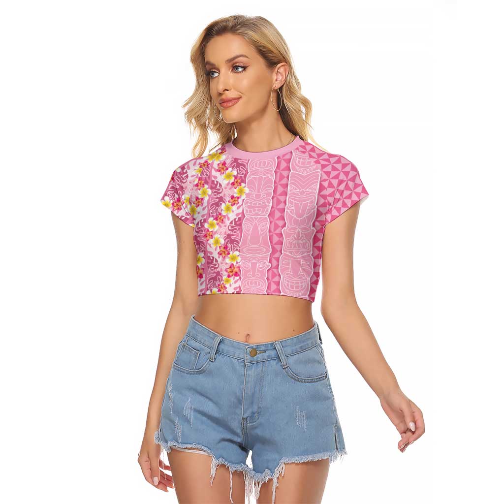 Pastel Magenta Aloha Hawaii Tiki Raglan Cropped T Shirt Tropical Plumeria - Seamless Style LT14 Female Magenta - Polynesian Pride