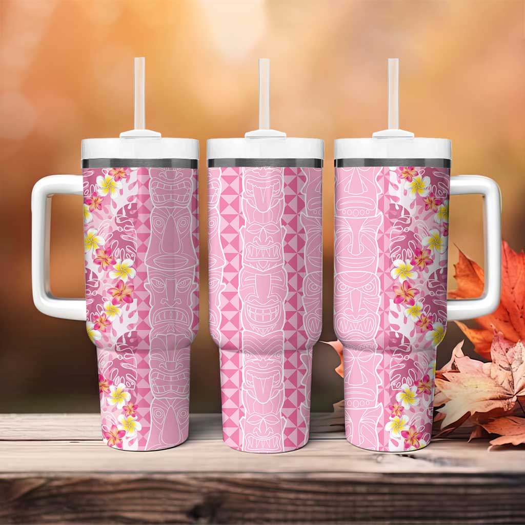 Pastel Magenta Aloha Hawaii Tiki Tumbler With Handle Tropical Plumeria - Seamless Style