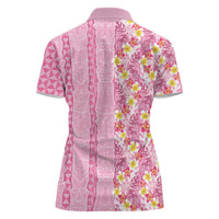 Pastel Magenta Aloha Hawaii Tiki Women Polo Shirt Tropical Plumeria - Seamless Style