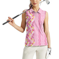 Pastel Magenta Aloha Hawaii Tiki Women Sleeveless Polo Shirt Tropical Plumeria - Seamless Style LT14 - Polynesian Pride