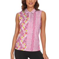 Pastel Magenta Aloha Hawaii Tiki Women Sleeveless Polo Shirt Tropical Plumeria - Seamless Style LT14 - Polynesian Pride