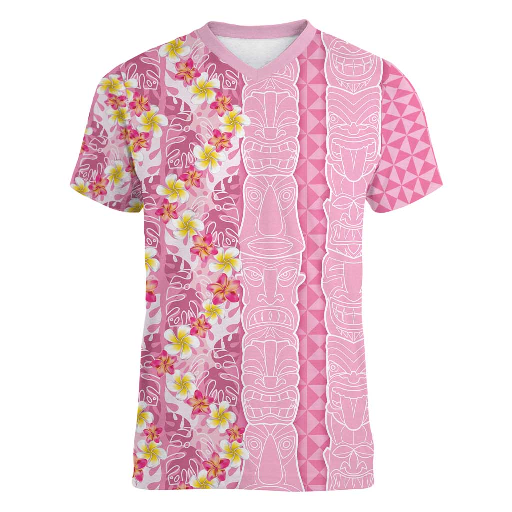 Pastel Magenta Aloha Hawaii Tiki Women V-Neck T-Shirt Tropical Plumeria - Seamless Style LT14 Female Magenta - Polynesian Pride