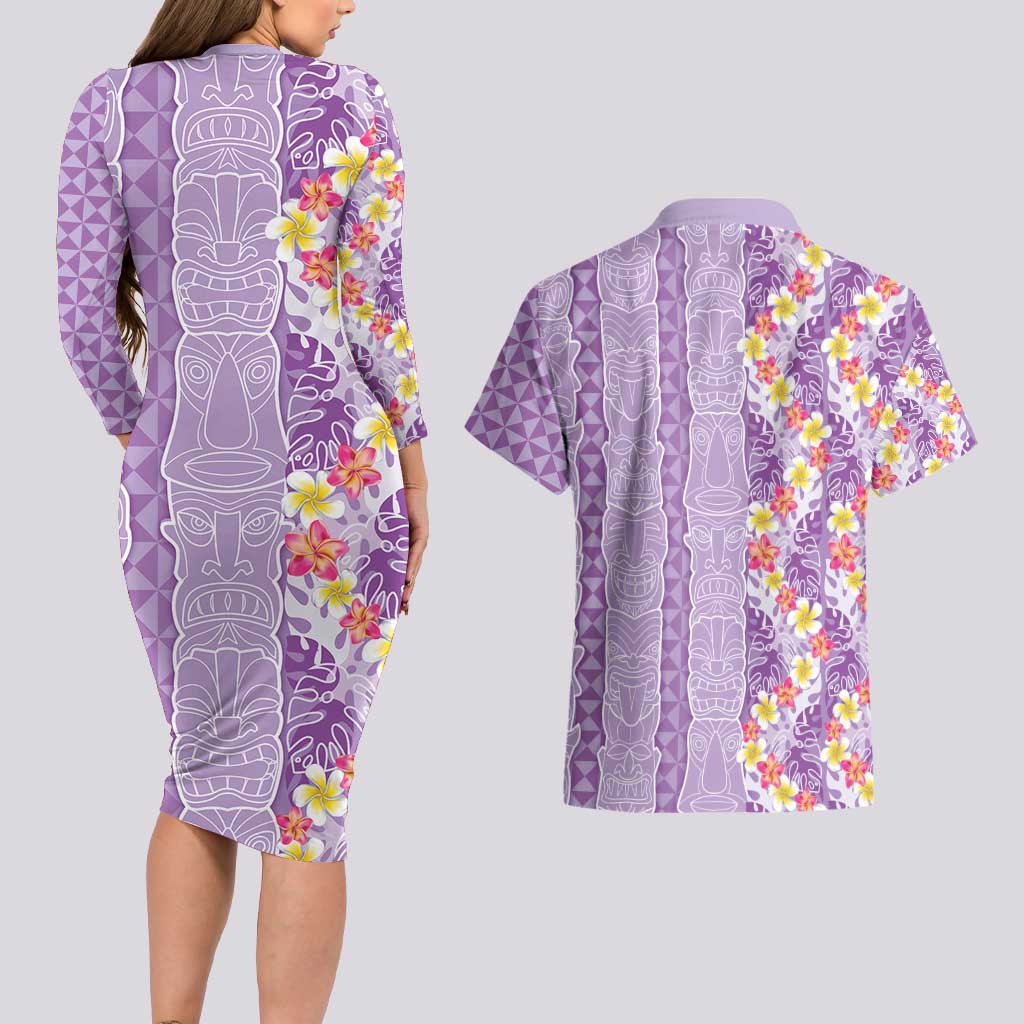 Lush Lilac Aloha Hawaii Tiki Couples Matching Long Sleeve Bodycon Dress and Hawaiian Shirt Tropical Plumeria - Seamless Style LT14 - Polynesian Pride