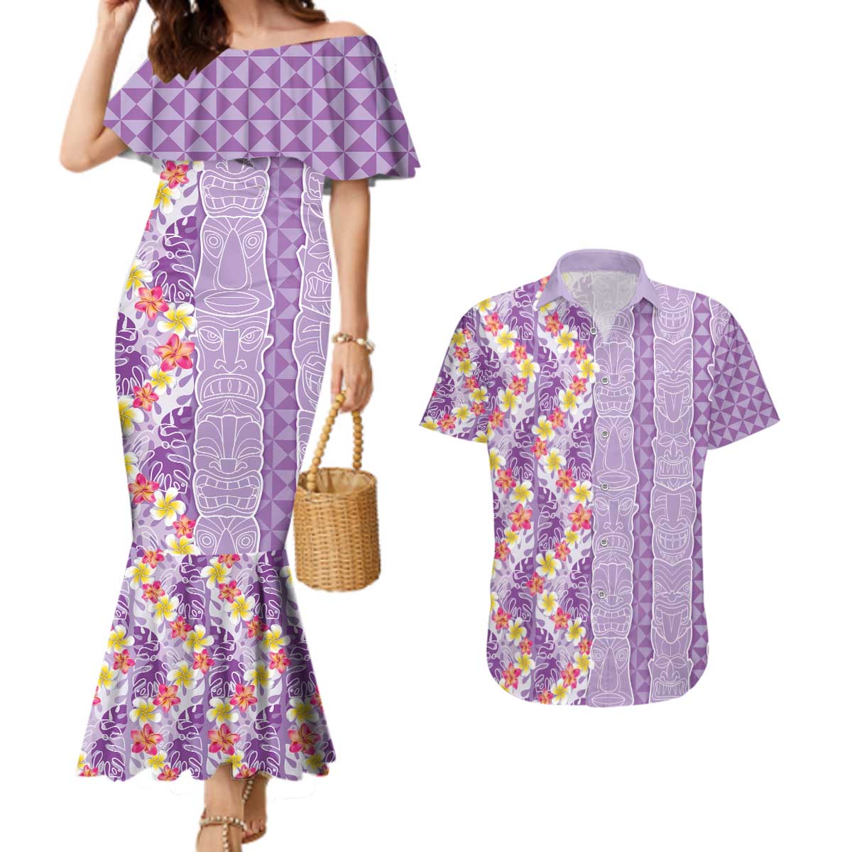 Lush Lilac Aloha Hawaii Tiki Couples Matching Mermaid Dress and Hawaiian Shirt Tropical Plumeria - Seamless Style LT14 Purple - Polynesian Pride