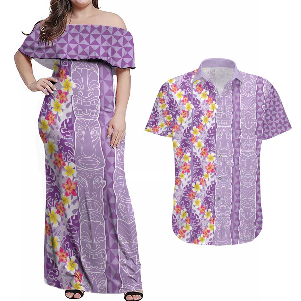 Lush Lilac Aloha Hawaii Tiki Couples Matching Off Shoulder Maxi Dress and Hawaiian Shirt Tropical Plumeria - Seamless Style LT14 Purple - Polynesian Pride