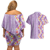 Lush Lilac Aloha Hawaii Tiki Couples Matching Off Shoulder Short Dress and Hawaiian Shirt Tropical Plumeria - Seamless Style