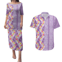 Lush Lilac Aloha Hawaii Tiki Couples Matching Puletasi and Hawaiian Shirt Tropical Plumeria - Seamless Style LT14 Purple - Polynesian Pride