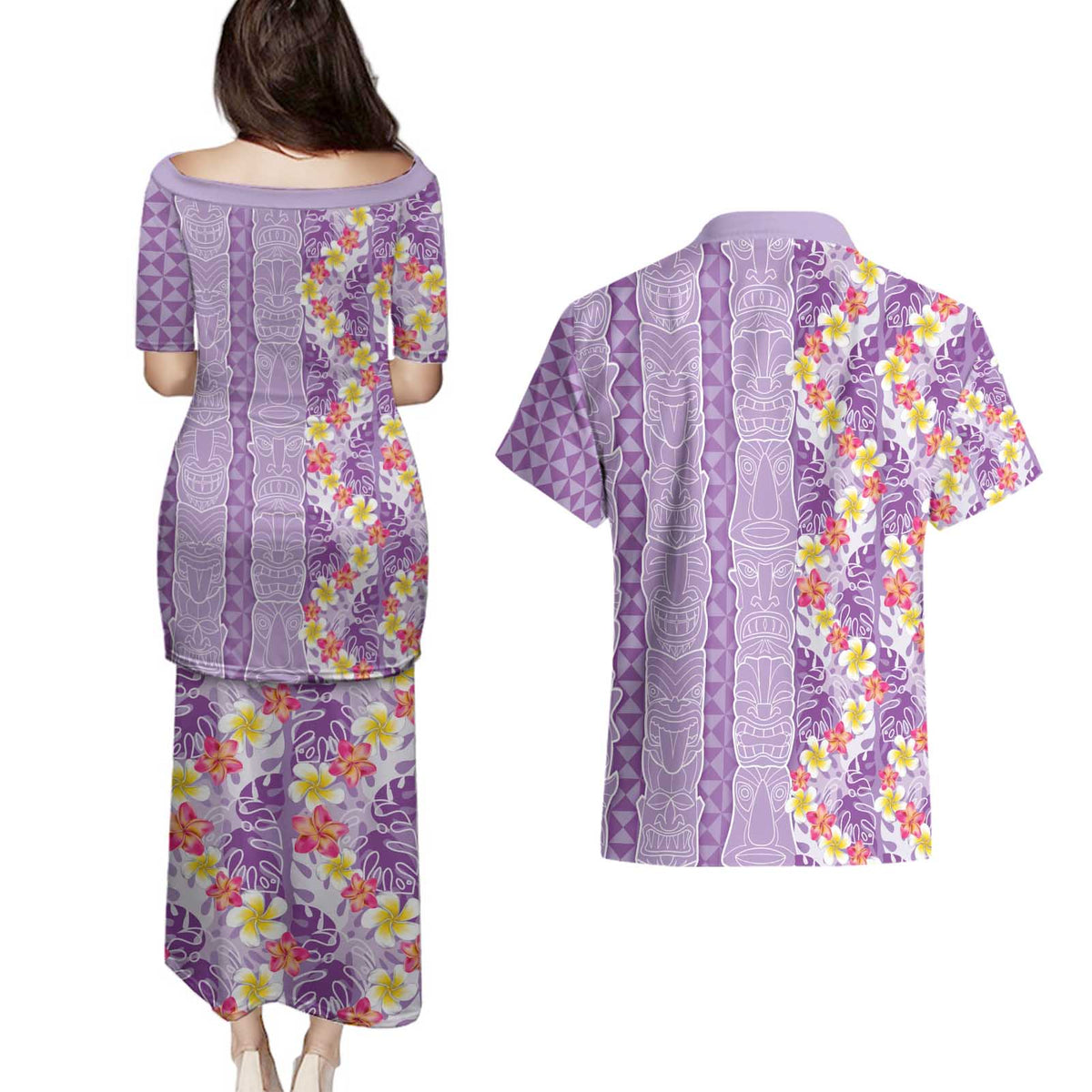 Lush Lilac Aloha Hawaii Tiki Couples Matching Puletasi and Hawaiian Shirt Tropical Plumeria - Seamless Style LT14 - Polynesian Pride