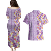 Lush Lilac Aloha Hawaii Tiki Couples Matching Puletasi and Hawaiian Shirt Tropical Plumeria - Seamless Style LT14 - Polynesian Pride