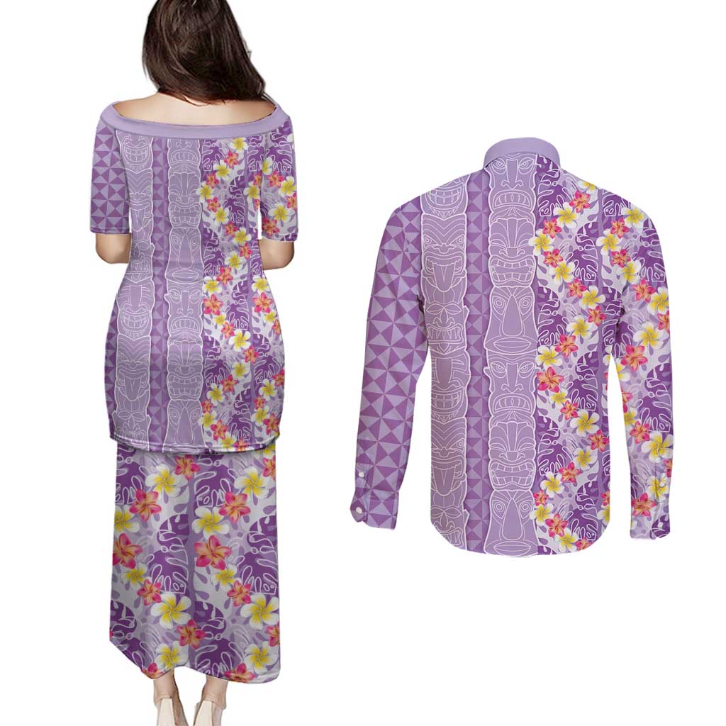 Lush Lilac Aloha Hawaii Tiki Couples Matching Puletasi and Long Sleeve Button Shirt Tropical Plumeria - Seamless Style LT14 - Polynesian Pride