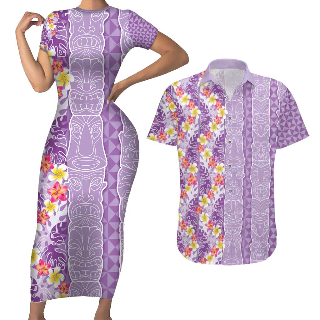 Lush Lilac Aloha Hawaii Tiki Couples Matching Short Sleeve Bodycon Dress and Hawaiian Shirt Tropical Plumeria - Seamless Style LT14 Purple - Polynesian Pride