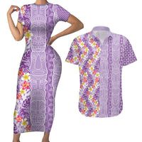 Lush Lilac Aloha Hawaii Tiki Couples Matching Short Sleeve Bodycon Dress and Hawaiian Shirt Tropical Plumeria - Seamless Style LT14 Purple - Polynesian Pride