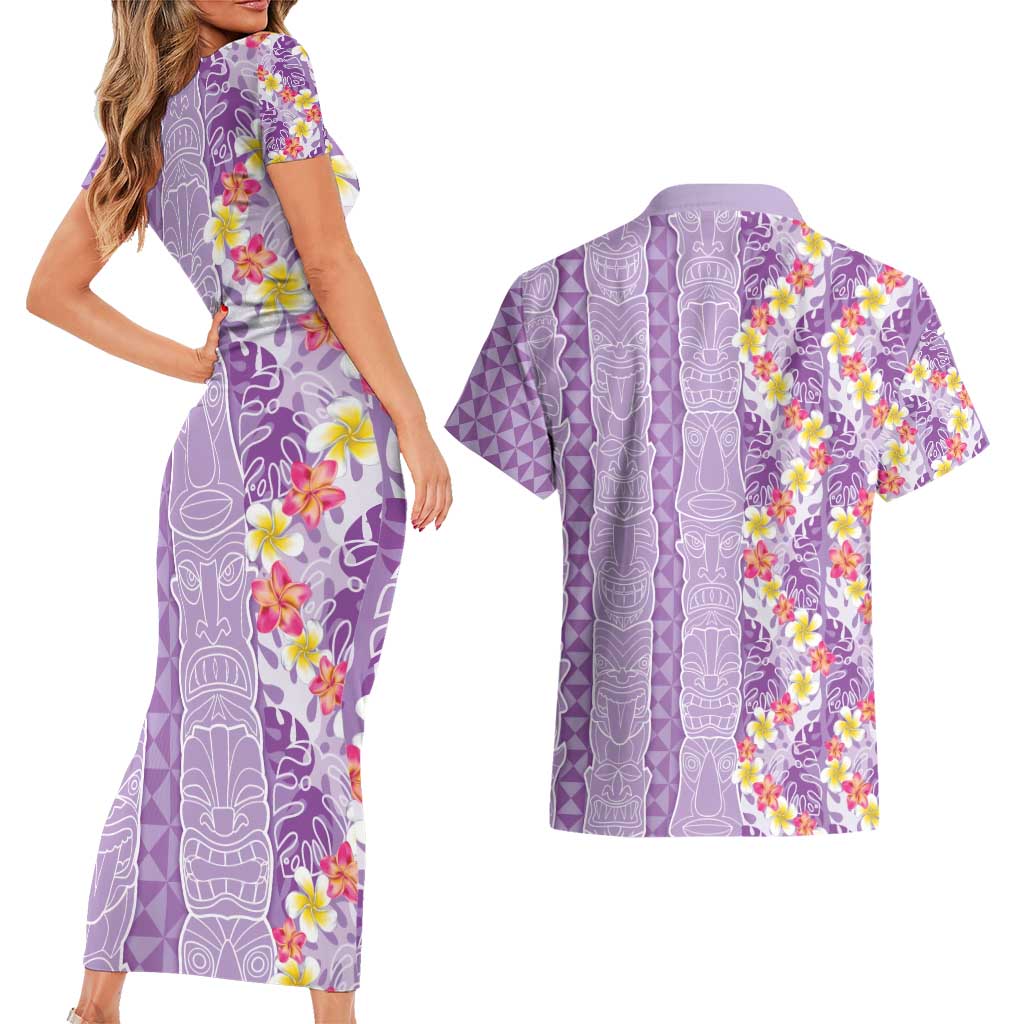 Lush Lilac Aloha Hawaii Tiki Couples Matching Short Sleeve Bodycon Dress and Hawaiian Shirt Tropical Plumeria - Seamless Style LT14 - Polynesian Pride