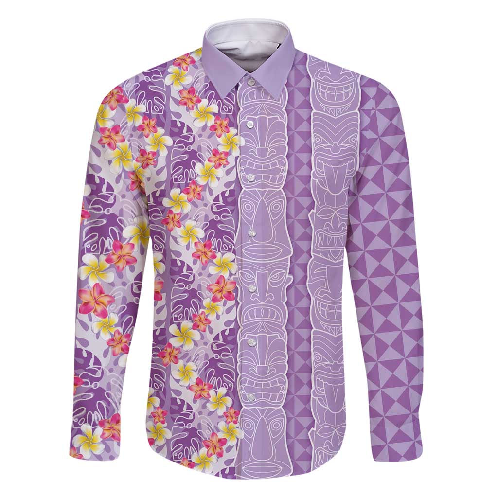 Lush Lilac Aloha Hawaii Tiki Family Matching Mermaid Dress and Hawaiian Shirt Tropical Plumeria - Seamless Style LT14 Dad's Shirt - Long Sleeve Purple - Polynesian Pride