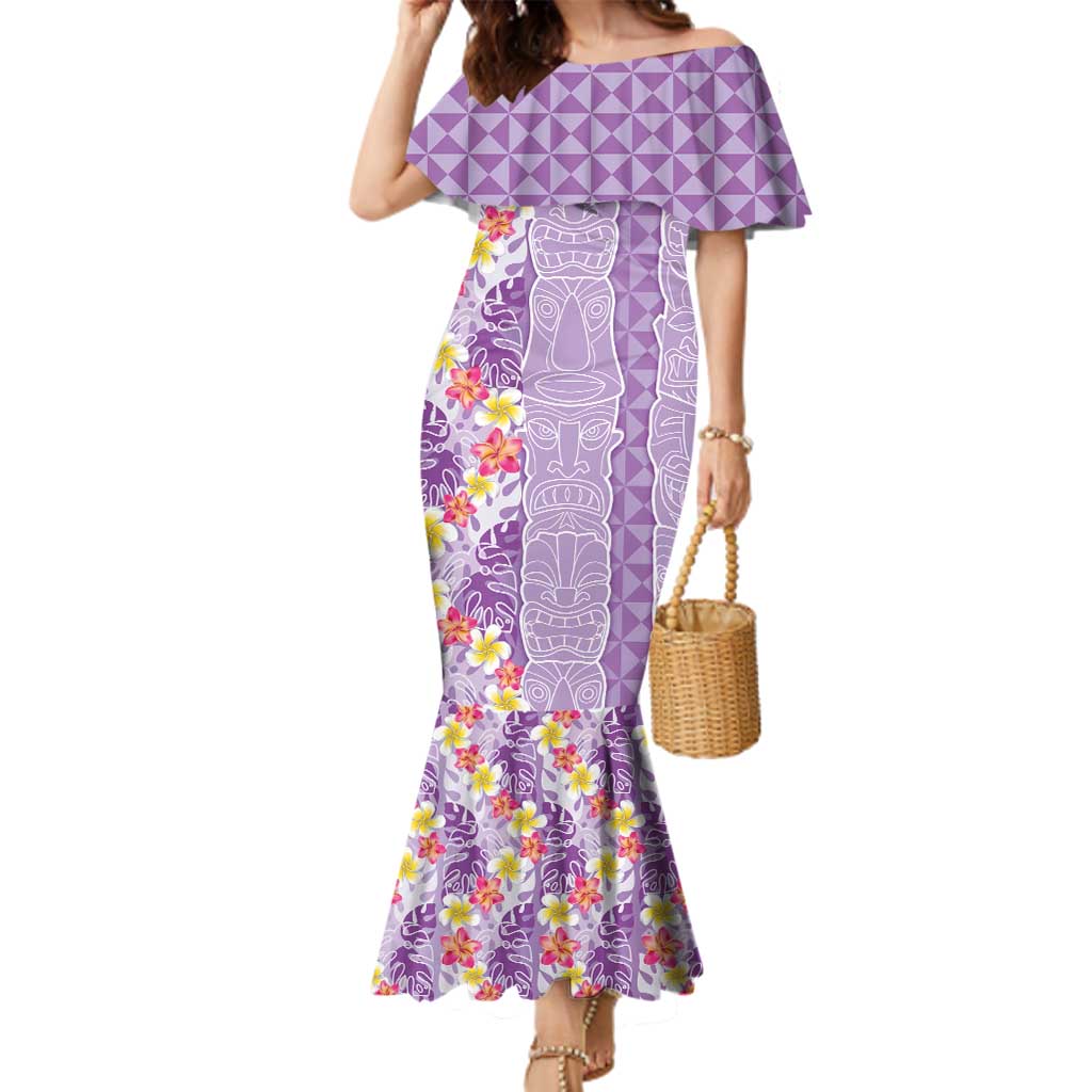 Lush Lilac Aloha Hawaii Tiki Family Matching Mermaid Dress and Hawaiian Shirt Tropical Plumeria - Seamless Style LT14 Mom's Dress Purple - Polynesian Pride