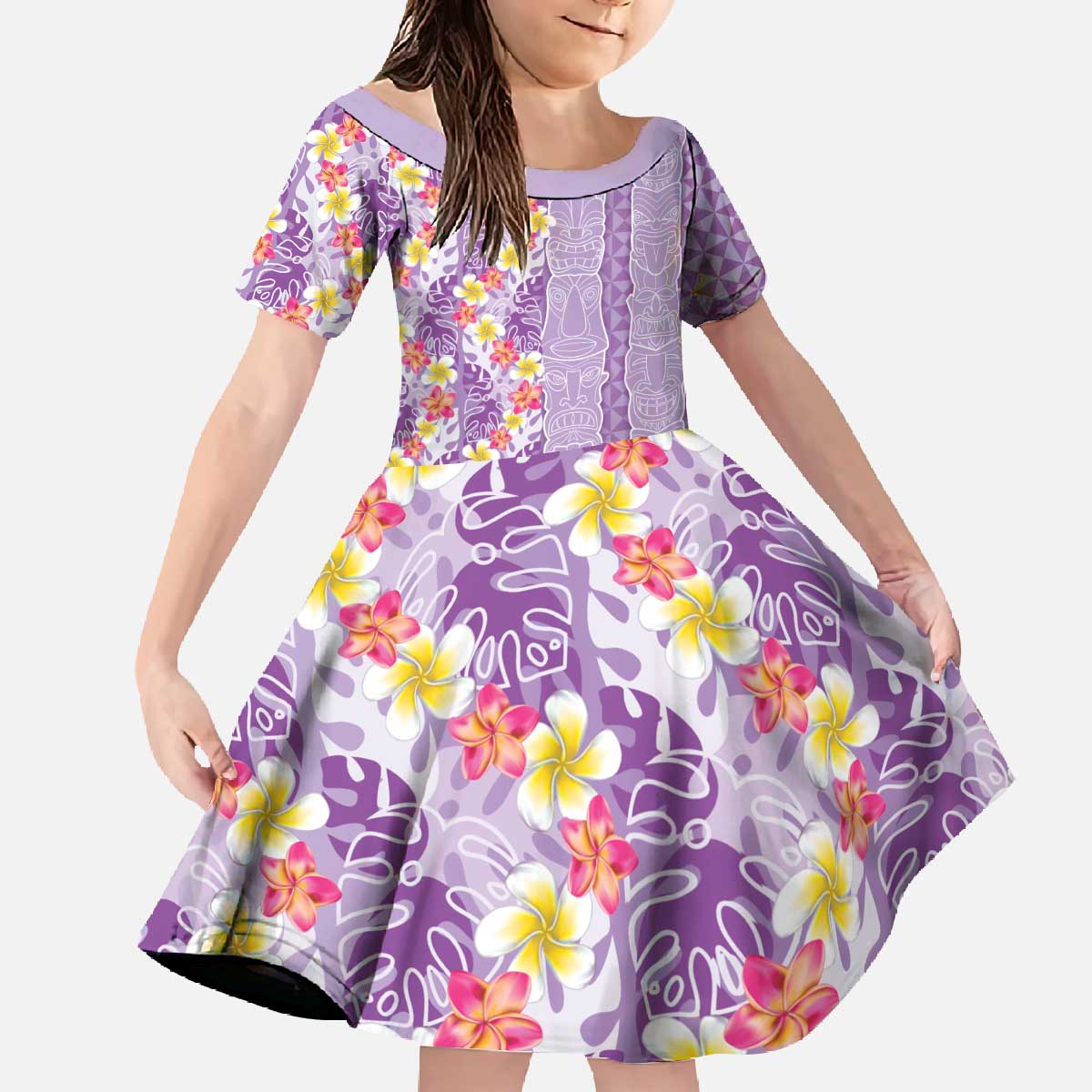Lush Lilac Aloha Hawaii Tiki Family Matching Off The Shoulder Long Sleeve Dress and Hawaiian Shirt Tropical Plumeria - Seamless Style LT14 Daughter's Dress Purple - Polynesian Pride