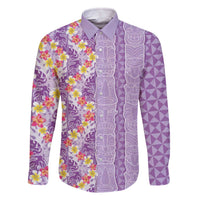 Lush Lilac Aloha Hawaii Tiki Family Matching Off The Shoulder Long Sleeve Dress and Hawaiian Shirt Tropical Plumeria - Seamless Style LT14 Dad's Shirt - Long Sleeve Purple - Polynesian Pride