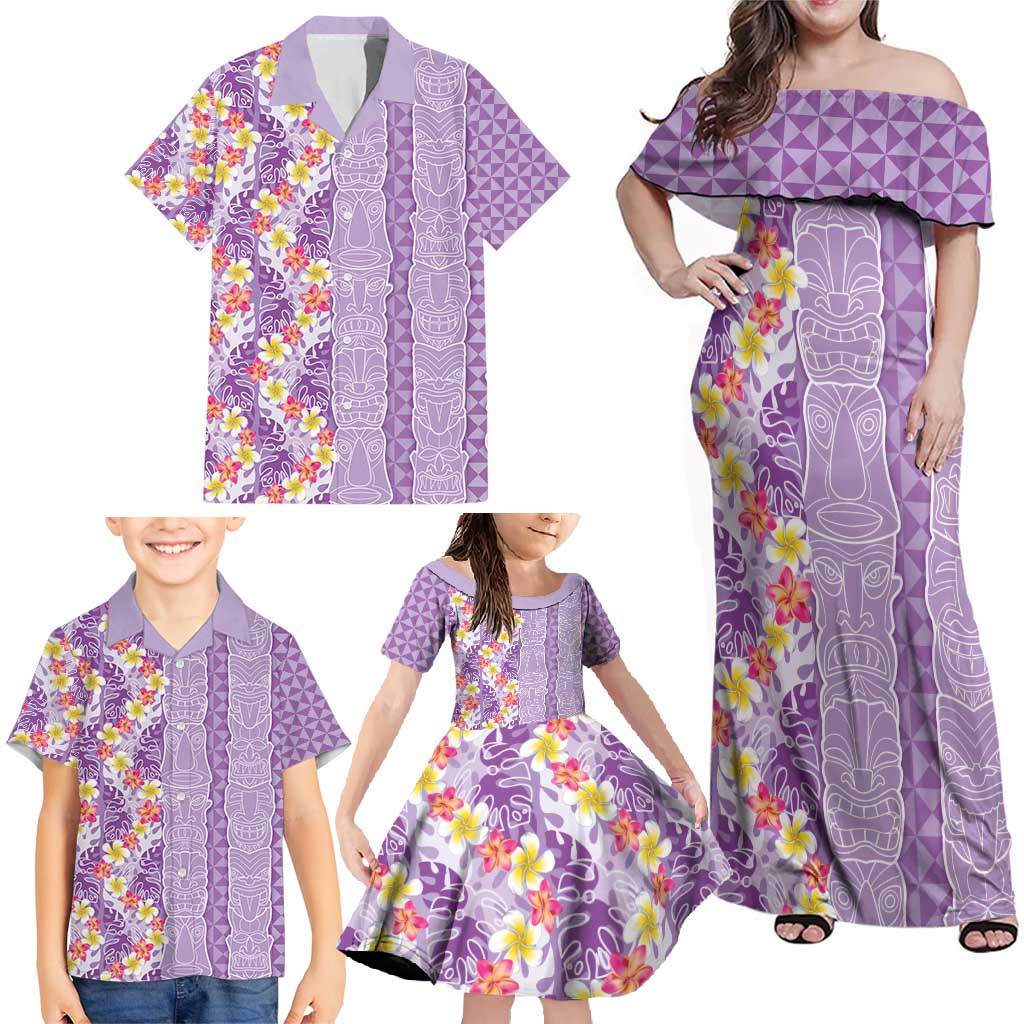Lush Lilac Aloha Hawaii Tiki Family Matching Off Shoulder Maxi Dress and Hawaiian Shirt Tropical Plumeria - Seamless Style LT14 - Polynesian Pride