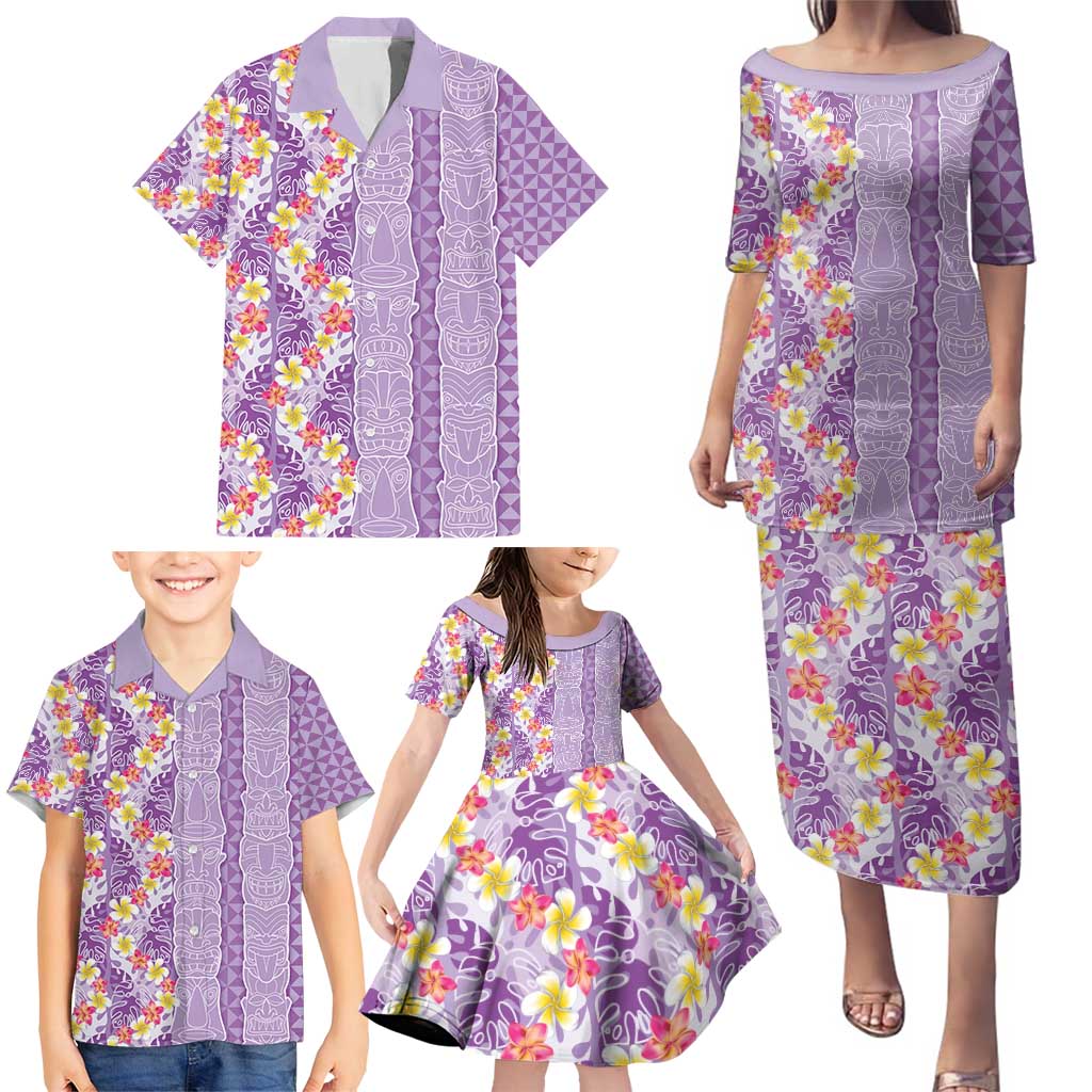 Lush Lilac Aloha Hawaii Tiki Family Matching Puletasi and Hawaiian Shirt Tropical Plumeria - Seamless Style LT14 - Polynesian Pride