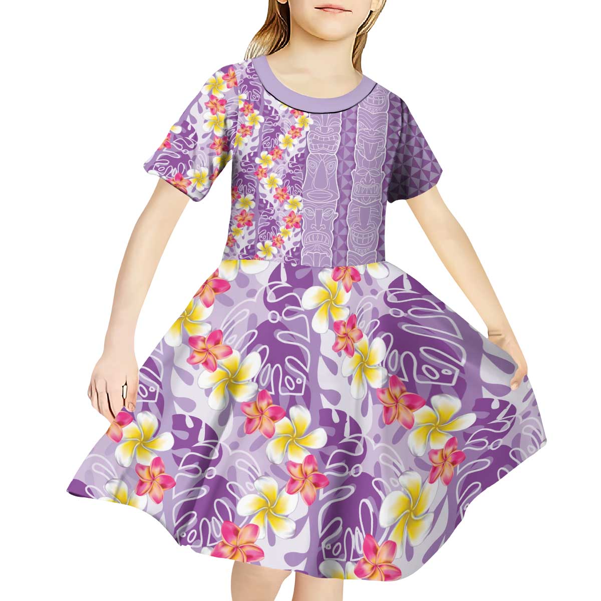 Lush Lilac Aloha Hawaii Tiki Kid Short Sleeve Dress Tropical Plumeria - Seamless Style LT14 - Polynesian Pride