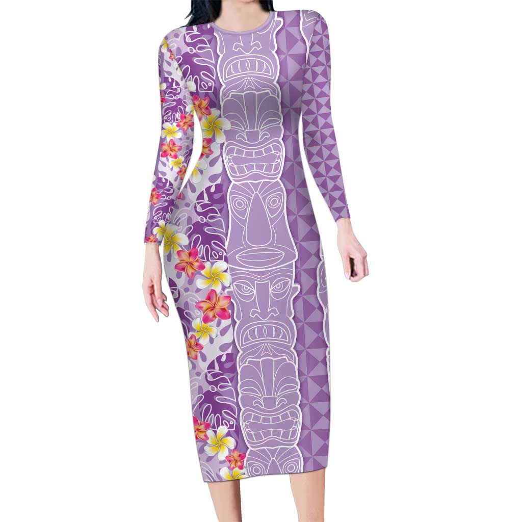 Lush Lilac Aloha Hawaii Tiki Long Sleeve Bodycon Dress Tropical Plumeria - Seamless Style LT14 Long Dress Purple - Polynesian Pride