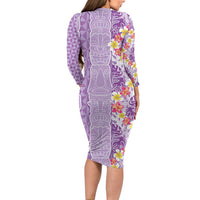 Lush Lilac Aloha Hawaii Tiki Long Sleeve Bodycon Dress Tropical Plumeria - Seamless Style LT14 - Polynesian Pride