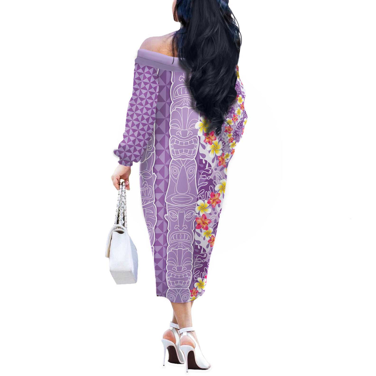 Lush Lilac Aloha Hawaii Tiki Off The Shoulder Long Sleeve Dress Tropical Plumeria - Seamless Style LT14 - Polynesian Pride