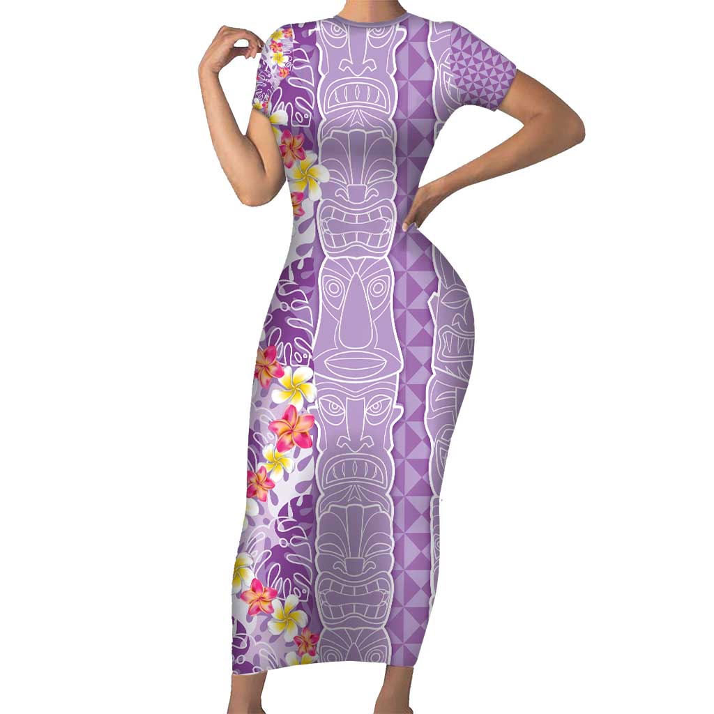 Lush Lilac Aloha Hawaii Tiki Short Sleeve Bodycon Dress Tropical Plumeria - Seamless Style LT14 Long Dress Purple - Polynesian Pride