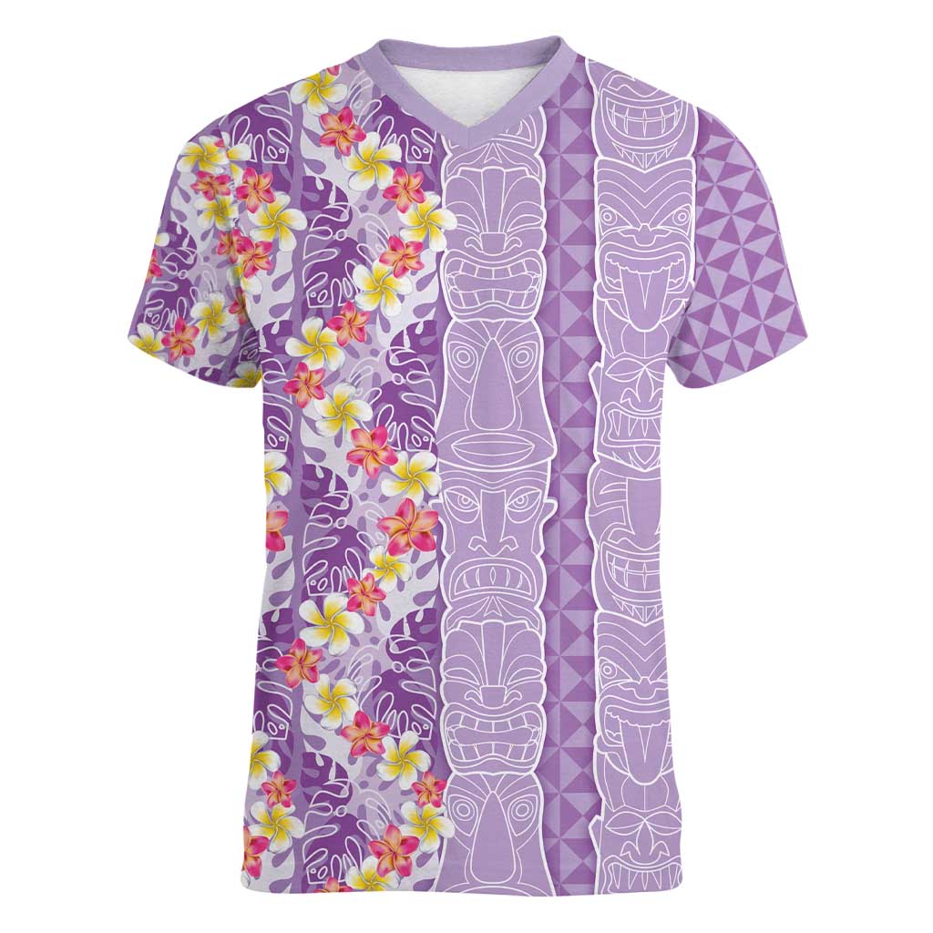 Lush Lilac Aloha Hawaii Tiki Women V-Neck T-Shirt Tropical Plumeria - Seamless Style LT14 Female Purple - Polynesian Pride