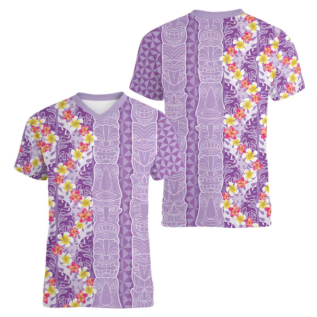 Lush Lilac Aloha Hawaii Tiki Women V-Neck T-Shirt Tropical Plumeria - Seamless Style LT14 - Polynesian Pride