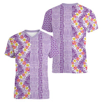 Lush Lilac Aloha Hawaii Tiki Women V-Neck T-Shirt Tropical Plumeria - Seamless Style LT14 - Polynesian Pride