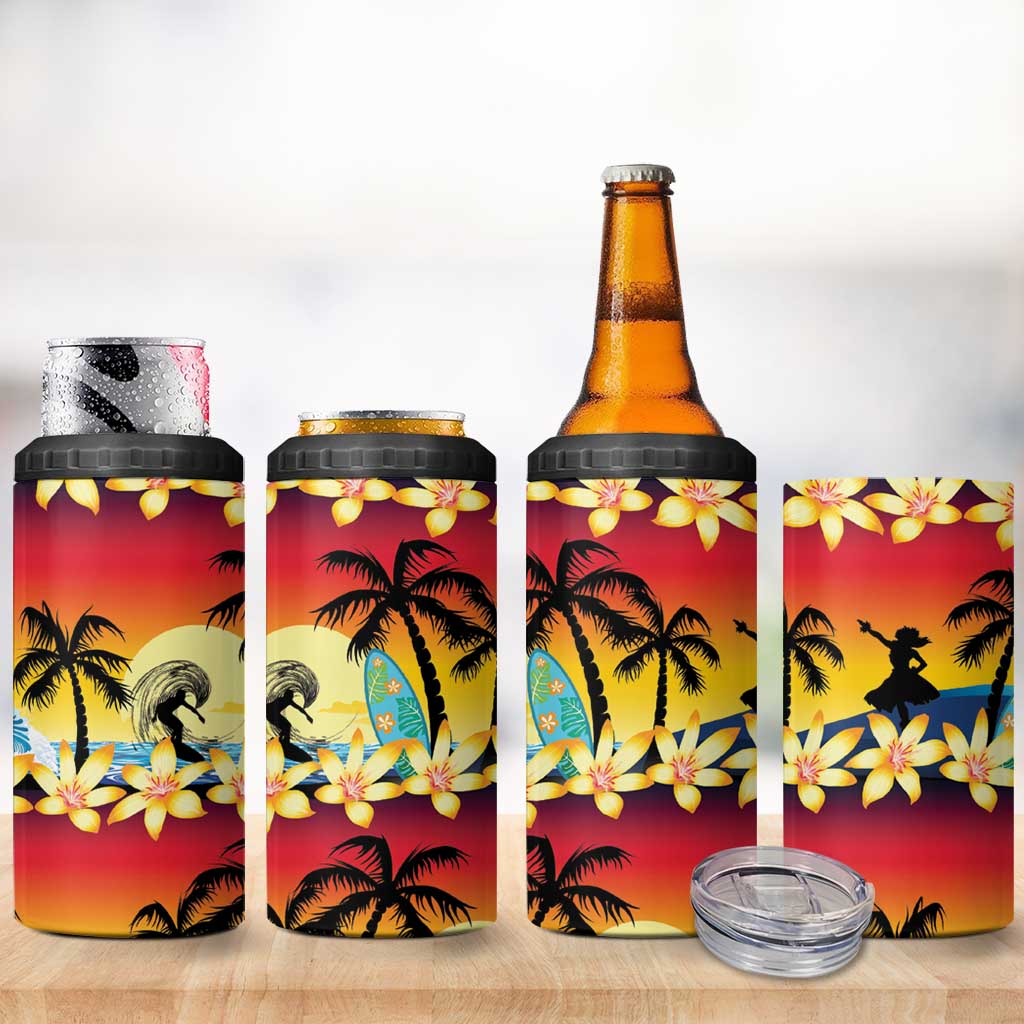 Tropical Islands Sunset Hawaii 4 in 1 Can Cooler Tumbler Go Surfing With Hula Girl - Summer Vibes LT14 - Polynesian Pride